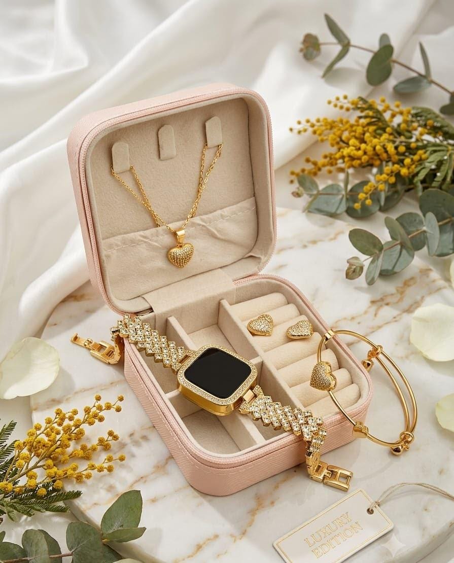 Luxury Gold Heart Jewelry Set for Women – Crystal Bracelet, Necklace, Earrings & Rhinestone Watch