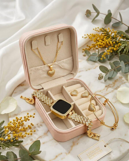 Luxury Gold Heart Jewelry Set for Women – Crystal Bracelet, Necklace, Earrings & Rhinestone Watch
