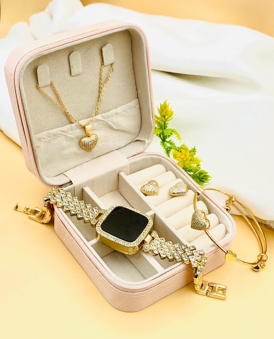 Luxury Gold Heart Jewelry Set for Women – Crystal Bracelet, Necklace, Earrings & Rhinestone Watch