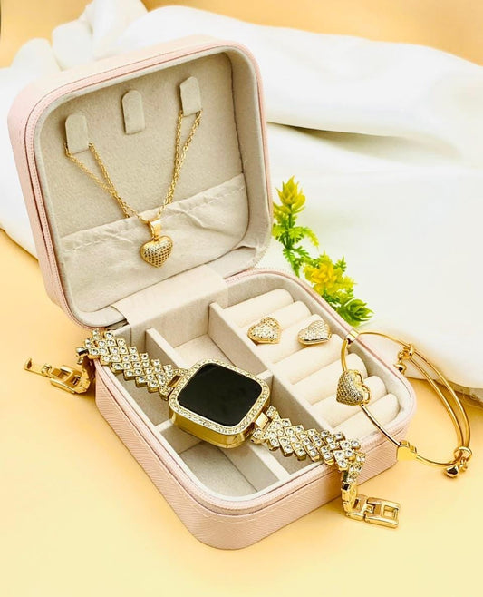 Luxury Gold Heart Jewelry Set for Women – Crystal Bracelet, Necklace, Earrings & Rhinestone Watch