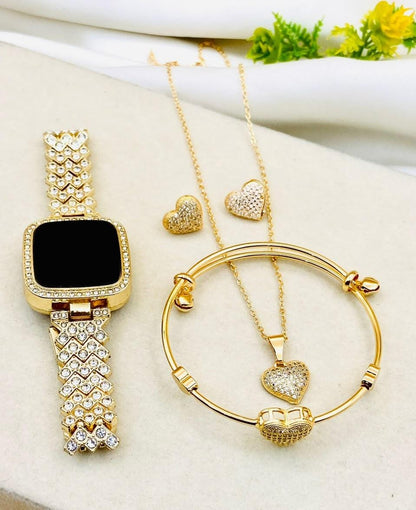 Luxury Gold Heart Jewelry Set for Women – Crystal Bracelet, Necklace, Earrings & Rhinestone Watch