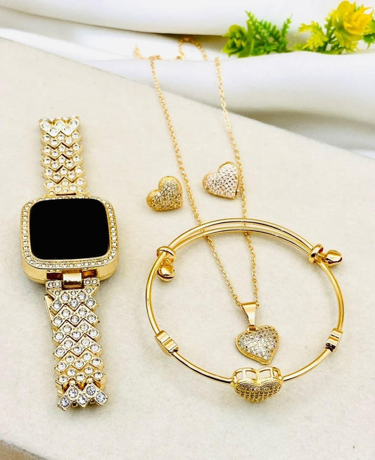 Luxury Gold Heart Jewelry Set for Women – Crystal Bracelet, Necklace, Earrings & Rhinestone Watch