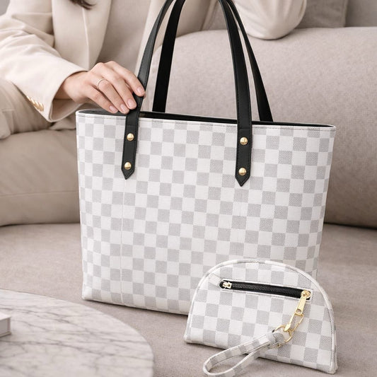 Elegant Checkered Women's Tote Bag & Matching Zipper Wallet | Premium PU Leather Shoulder Bag