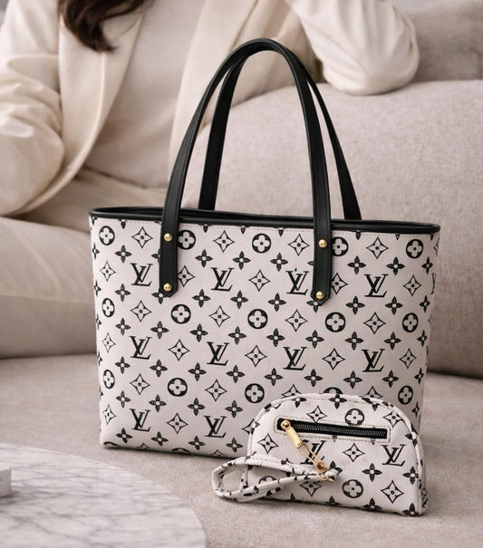 Elegant Women's Monogram Tote Bag & Matching Wallet | Stylish PU Leather Shoulder Bag